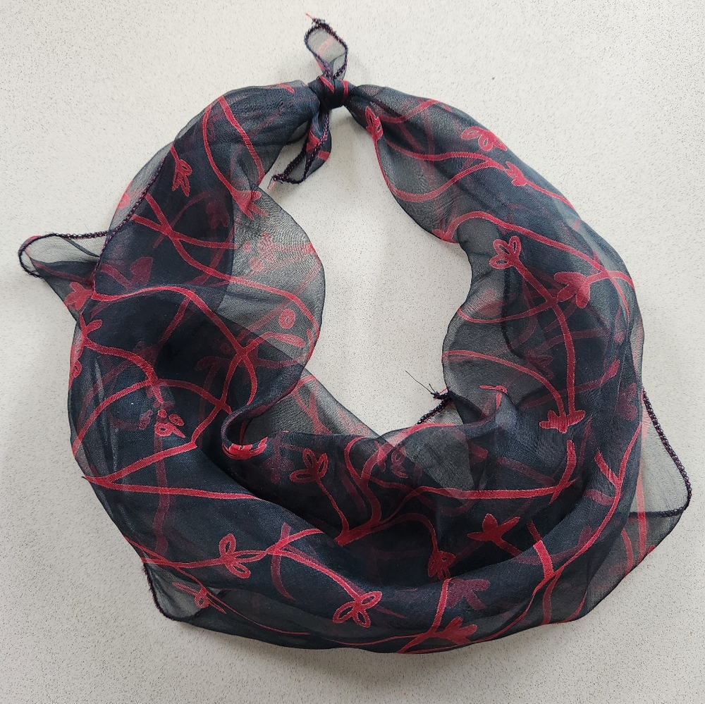 Navy Chiffon Silk Scarf with Red Vine Print